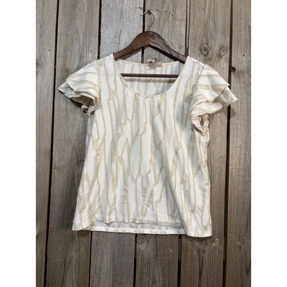 Dolan By Anthropologie Ivory Textured Short Flutter Sleeve Top M